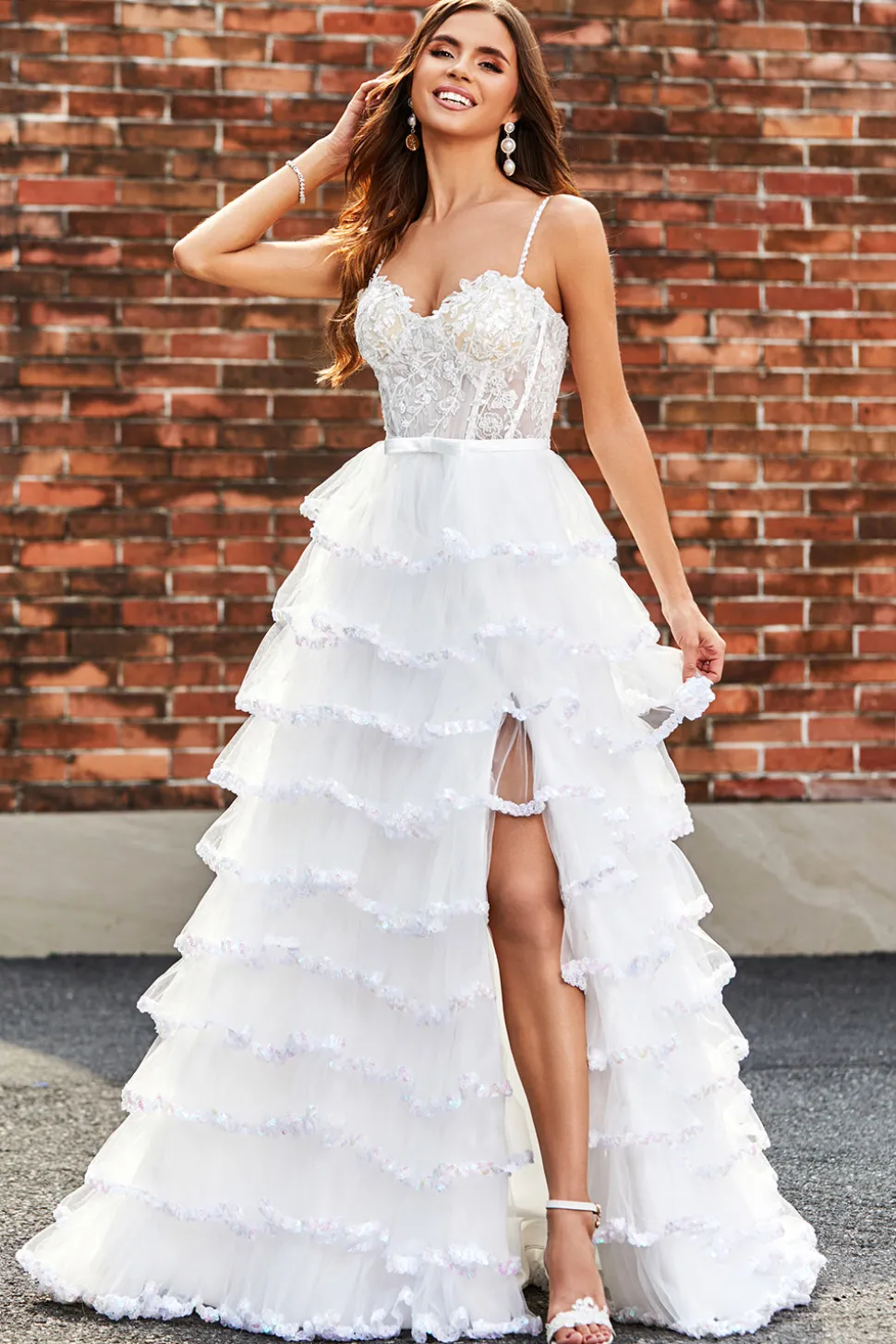 Branco A-Line Sparkly Sequin Ruffle Saia Corset Tiered Prom Dress With Slit