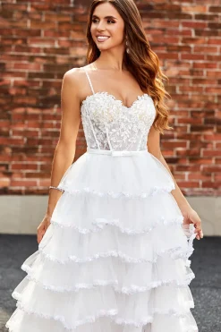 Branco A-Line Sparkly Sequin Ruffle Saia Corset Tiered Prom Dress With Slit