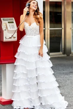 Branco A-Line Sparkly Sequin Ruffle Saia Corset Tiered Prom Dress With Slit