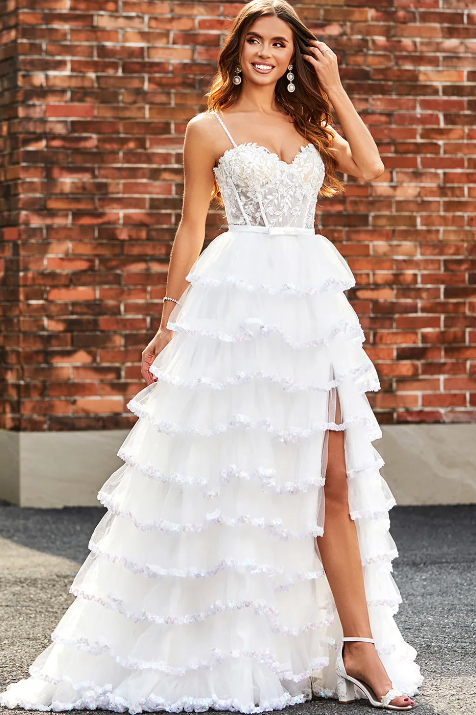 Branco A-Line Sparkly Sequin Ruffle Saia Corset Tiered Prom Dress With Slit