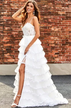 Branco A-Line Sparkly Sequin Ruffle Saia Corset Tiered Prom Dress With Slit