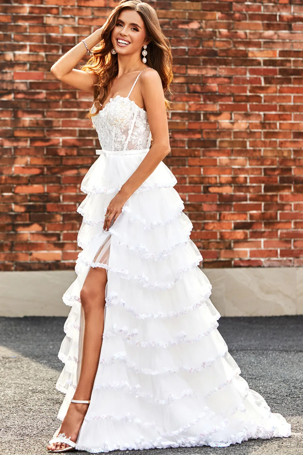 Branco A-Line Sparkly Sequin Ruffle Saia Corset Tiered Prom Dress With Slit