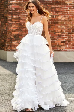 Branco A-Line Sparkly Sequin Ruffle Saia Corset Tiered Prom Dress With Slit