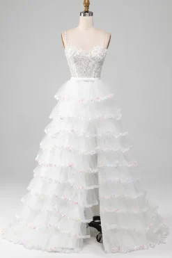 Branco A-Line Sparkly Sequin Ruffle Saia Corset Prom Dress Com Fenda