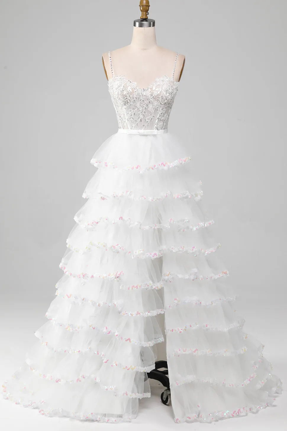 Branco A-Line Sparkly Sequin Ruffle Saia Corset Prom Dress Com Fenda