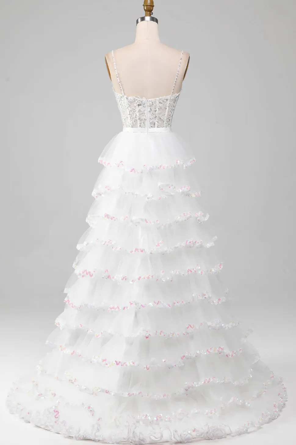 Branco A-Line Sparkly Sequin Ruffle Saia Corset Prom Dress Com Fenda