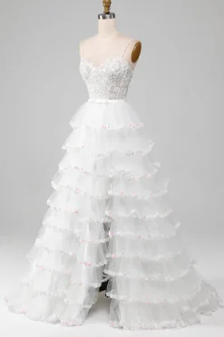 Branco A-Line Sparkly Sequin Ruffle Saia Corset Prom Dress Com Fenda