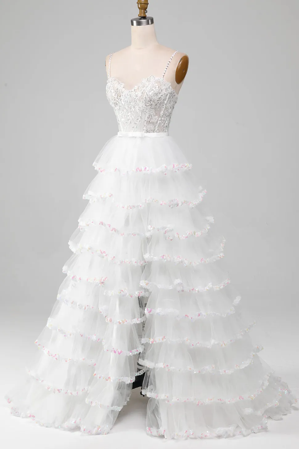 Branco A-Line Sparkly Sequin Ruffle Saia Corset Prom Dress Com Fenda