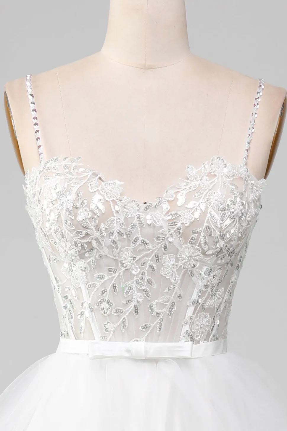 Branco A-Line Sparkly Sequin Ruffle Saia Corset Prom Dress Com Fenda