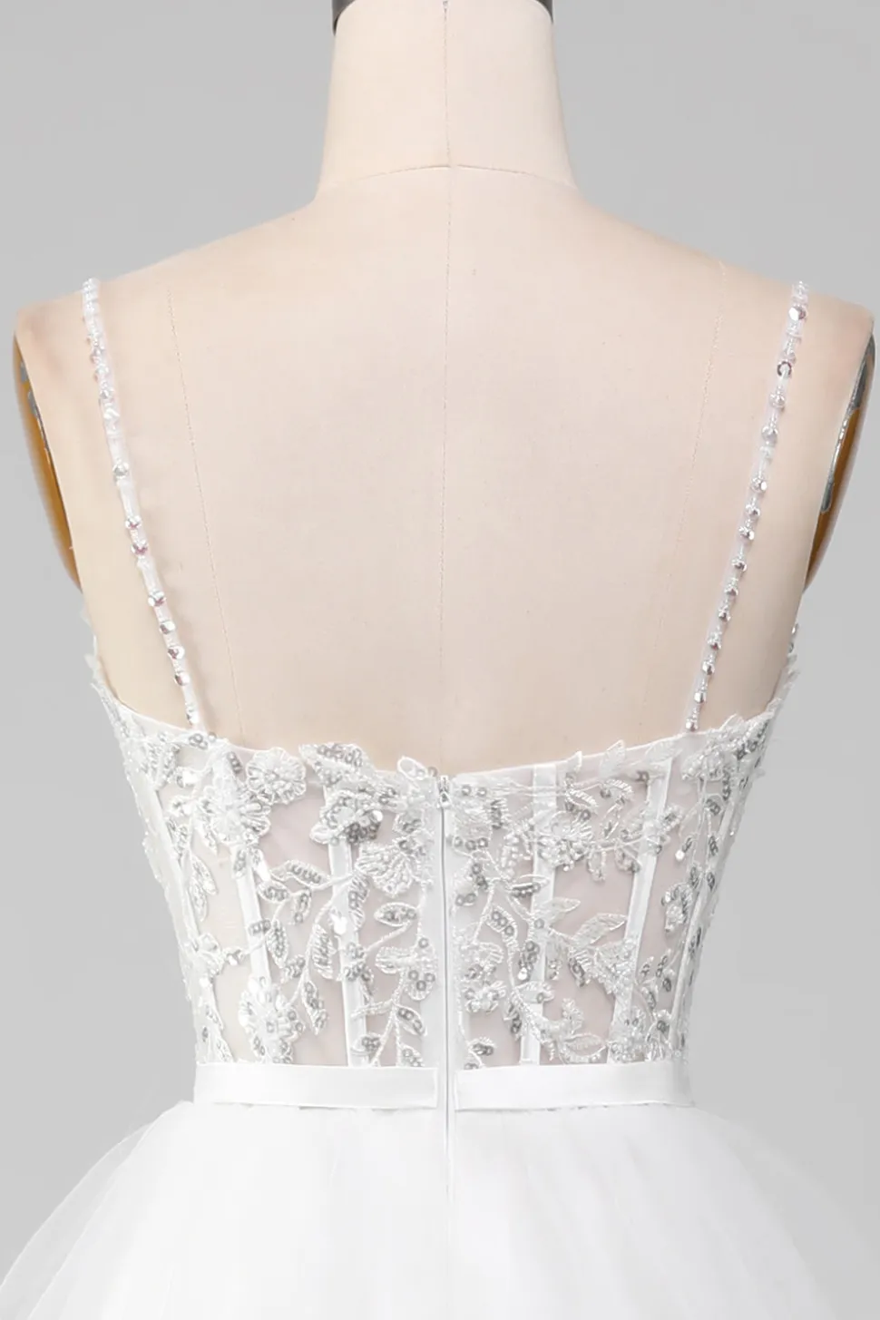 Branco A-Line Sparkly Sequin Ruffle Saia Corset Prom Dress Com Fenda