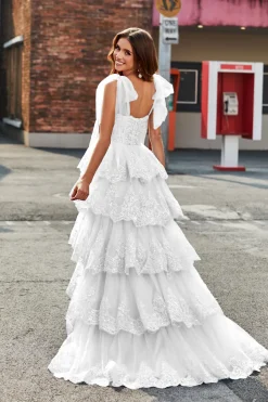 Branco A-Line Tiered Lace Vestido de Noiva Longo
