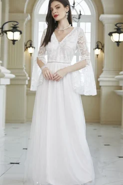 Branco A-Line V Neck Lace Bell Mangas Longo Vestido de Festa de Casamento