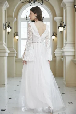 Branco A-Line V Neck Lace Bell Mangas Longo Vestido de Festa de Casamento