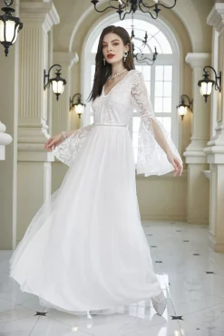 Branco A-Line V Neck Lace Bell Mangas Longo Vestido de Festa de Casamento