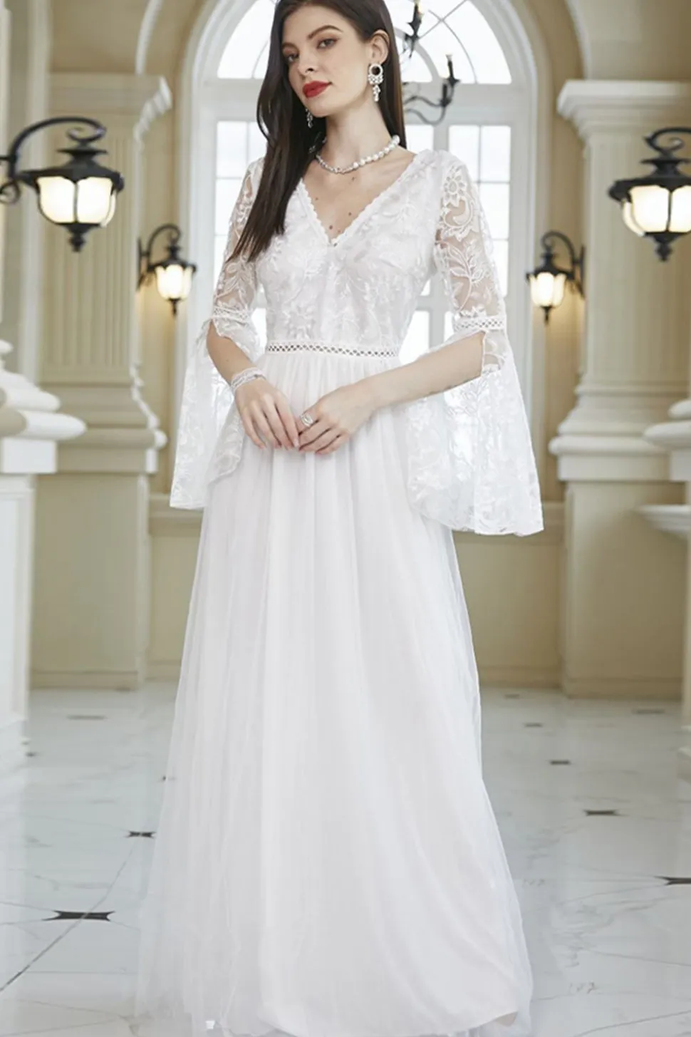 Branco A-Line V Neck Lace Bell Mangas Longo Vestido de Festa de Casamento