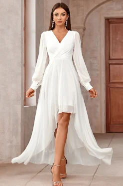 Branco A-Line Wrap mangas longas High-Low Vestido de festa