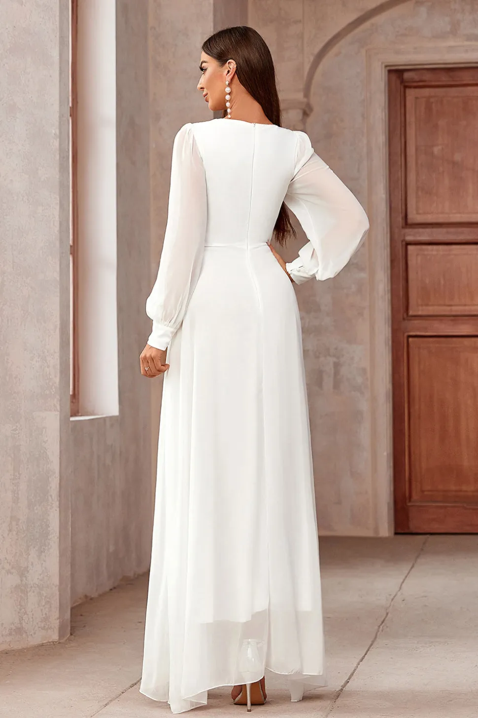 Branco A-Line Wrap mangas longas High-Low Vestido de festa