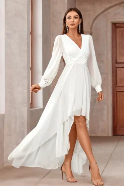 Branco A-Line Wrap mangas longas High-Low Vestido de festa