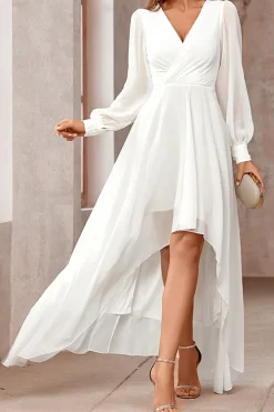 Branco A-Line Wrap mangas longas High-Low Vestido de festa