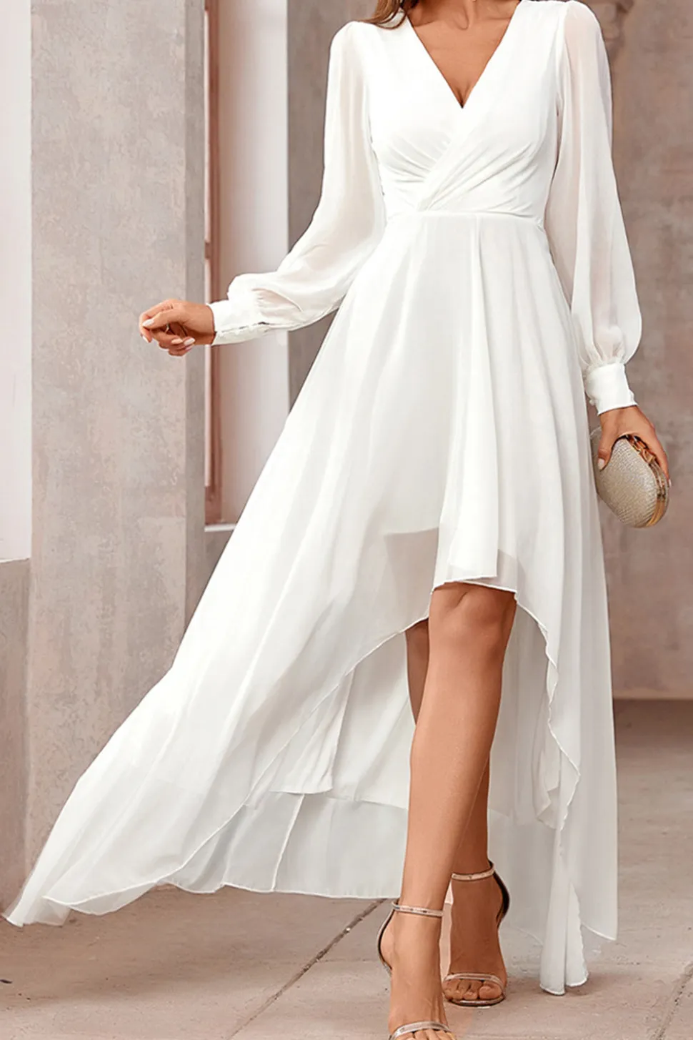 Branco A-Line Wrap mangas longas High-Low Vestido de festa