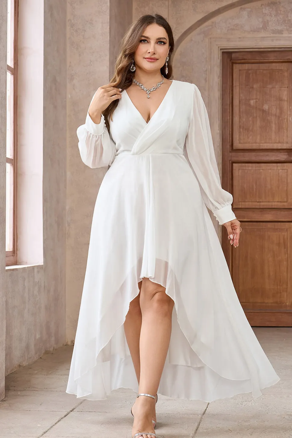 Branco A-Line Wrap mangas longas High-Low Vestido de festa