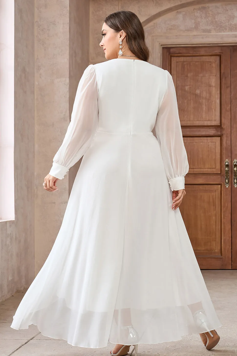 Branco A-Line Wrap mangas longas High-Low Vestido de festa