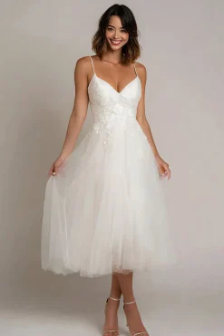 Branco Appliqued A Line Tulle Vestido de Receção de Casamento