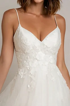 Branco Appliqued A Line Tulle Vestido de Receção de Casamento