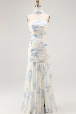 Branco azul bainha de flor strapless veludo burnout vestido de noiva convidado com fenda