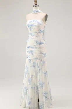 Branco azul bainha de flor strapless veludo burnout vestido de noiva convidado com fenda