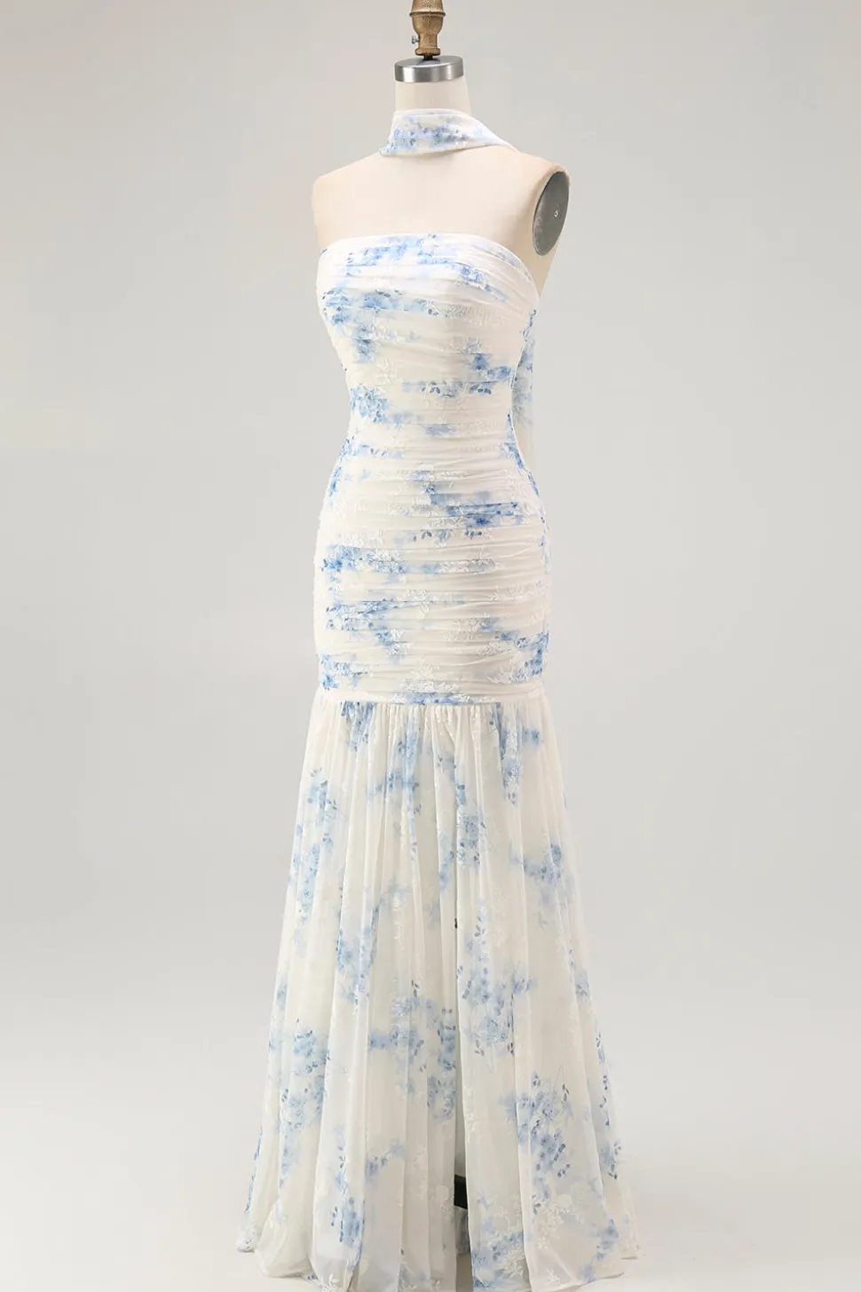 Branco azul bainha de flor strapless veludo burnout vestido de noiva convidado com fenda