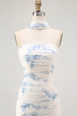 Branco azul bainha de flor strapless veludo burnout vestido de noiva convidado com fenda