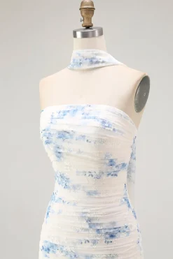 Branco azul bainha de flor strapless veludo burnout vestido de noiva convidado com fenda