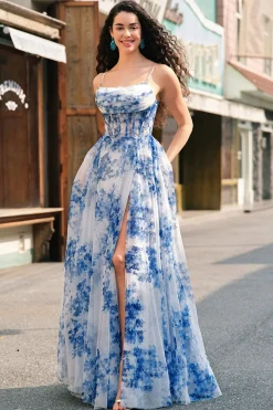 Branco Azul De Baile/Princesa Flores Longo Espartilho Vestido de Baile com Fenda