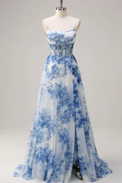 Branco Azul De Baile/Princesa Flores Longo Espartilho Vestido de Baile com Fenda