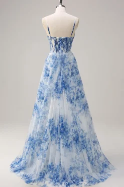 Branco Azul De Baile/Princesa Flores Longo Espartilho Vestido de Baile com Fenda