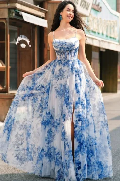 Branco Azul De Baile/Princesa Flores Longo Espartilho Vestido de Baile com Fenda