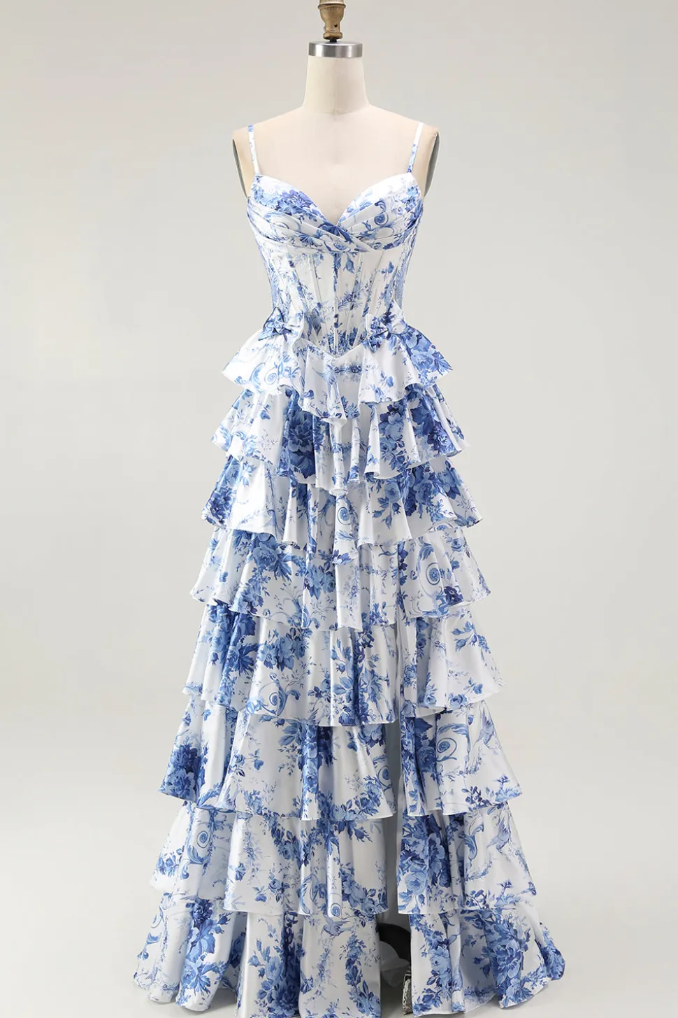 Branco Azul Espartilho Floral Uma Linha Tiered Prom Dress