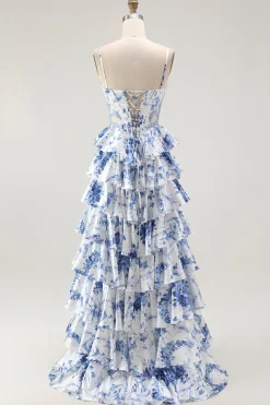 Branco Azul Espartilho Floral Uma Linha Tiered Prom Dress