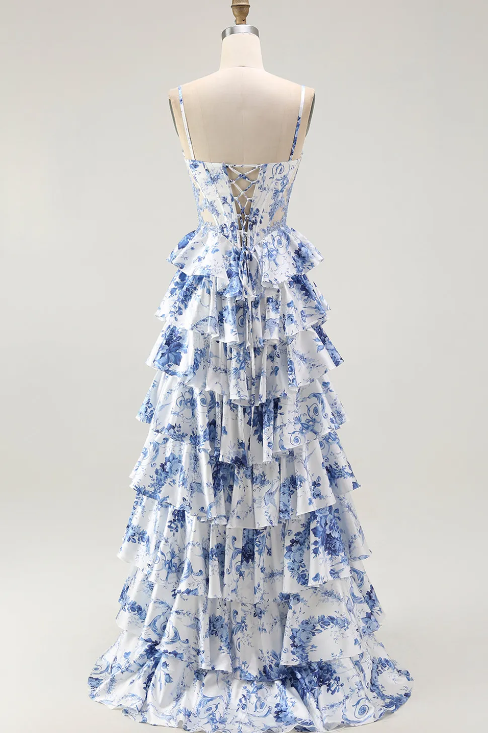Branco Azul Espartilho Floral Uma Linha Tiered Prom Dress
