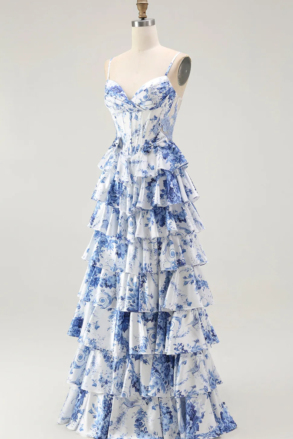 Branco Azul Espartilho Floral Uma Linha Tiered Prom Dress