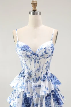 Branco Azul Espartilho Floral Uma Linha Tiered Prom Dress