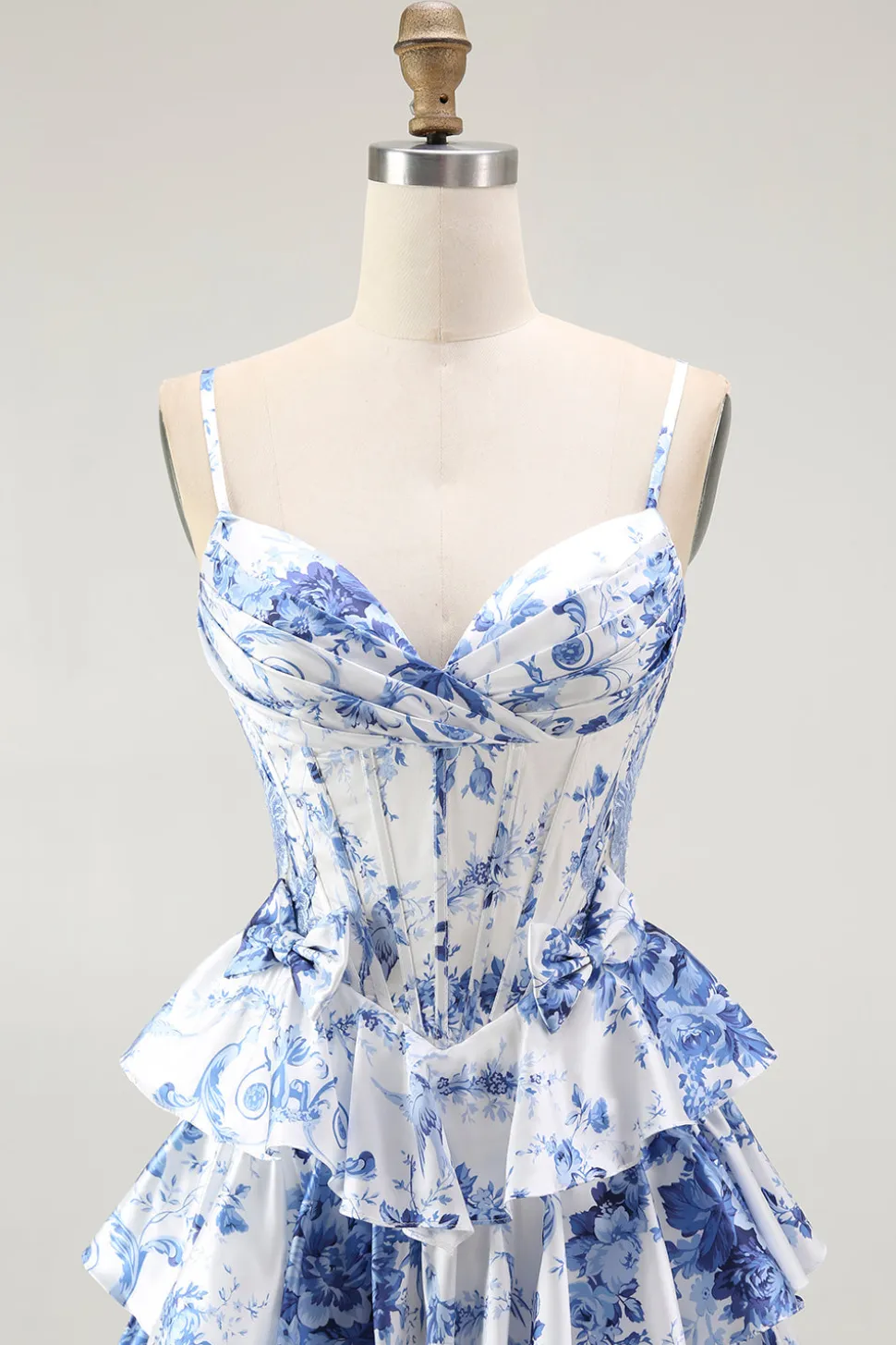 Branco Azul Espartilho Floral Uma Linha Tiered Prom Dress