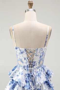 Branco Azul Espartilho Floral Uma Linha Tiered Prom Dress