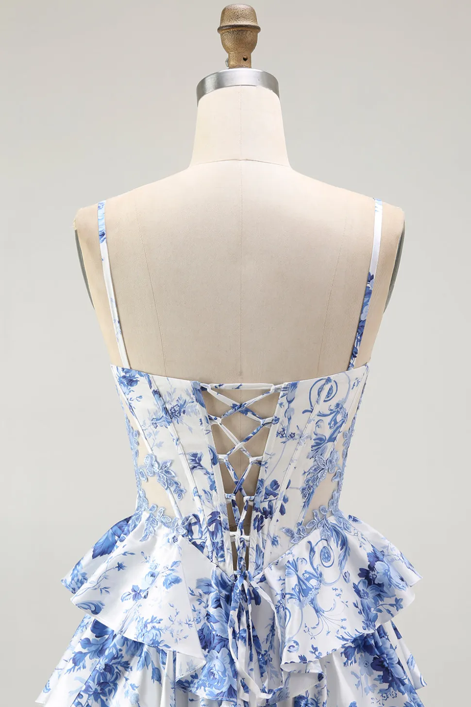 Branco Azul Espartilho Floral Uma Linha Tiered Prom Dress