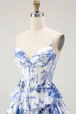 Branco Azul Espartilho Floral Uma Linha Tiered Prom Dress