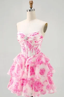 Branco Azul Espartilho Floral A-line Strapless Tiered Homecoming Dress