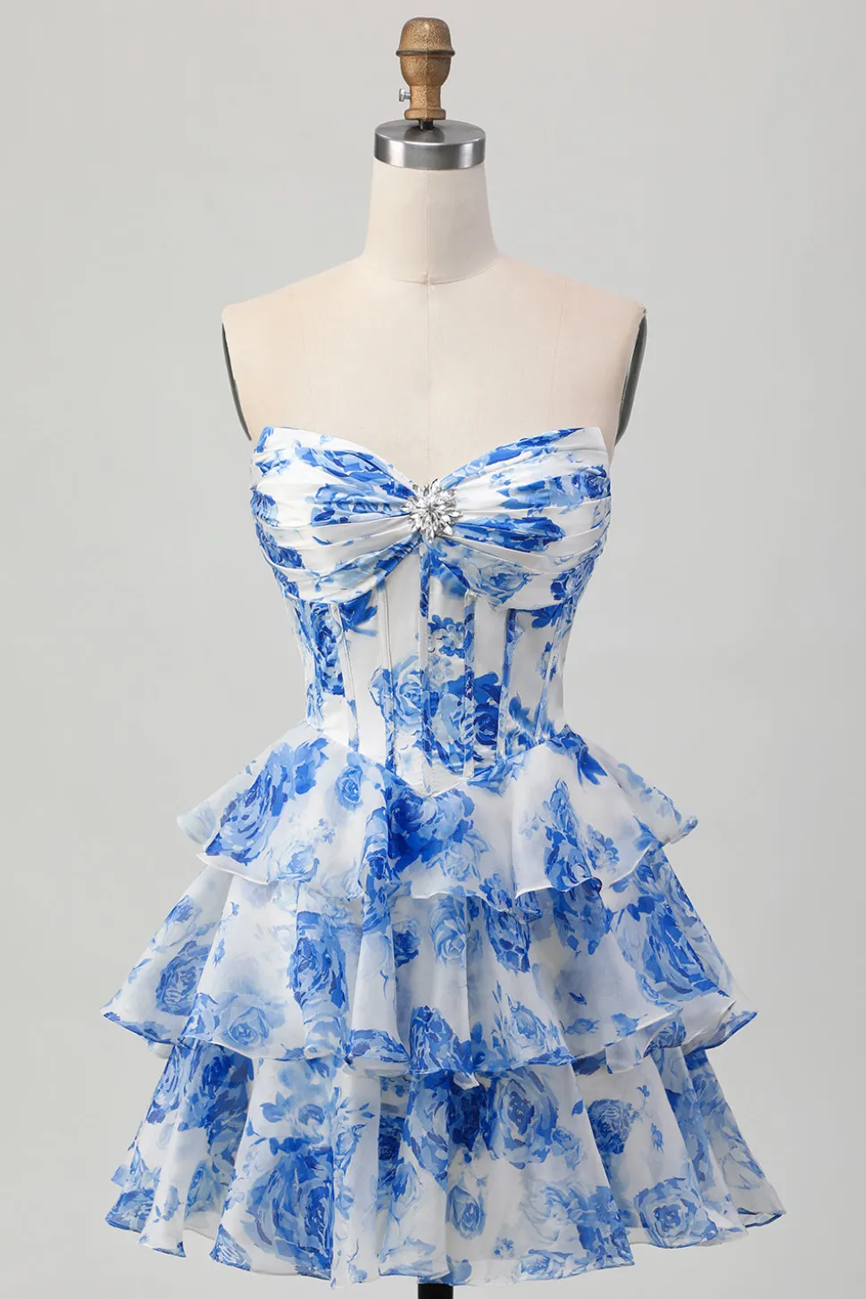 Branco Azul Espartilho Floral A-line Strapless Tiered Homecoming Dress