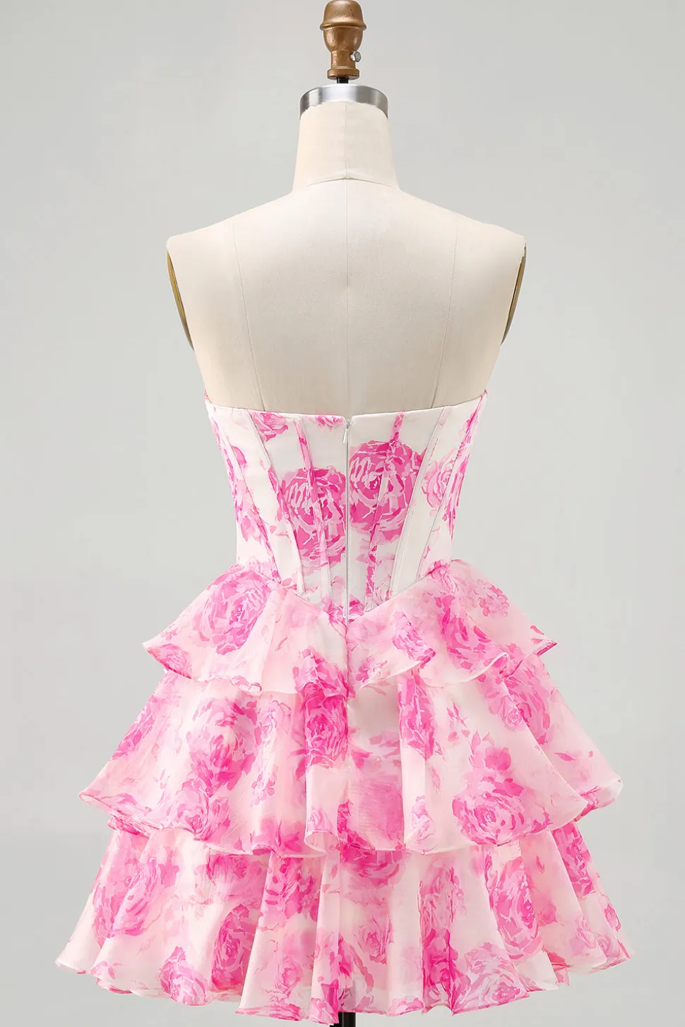 Branco Azul Espartilho Floral A-line Strapless Tiered Homecoming Dress