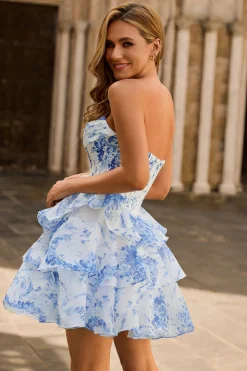 Branco Azul Flor A-Line Espartilho Sem Alças Tiered Vestido Curto Homecoming
